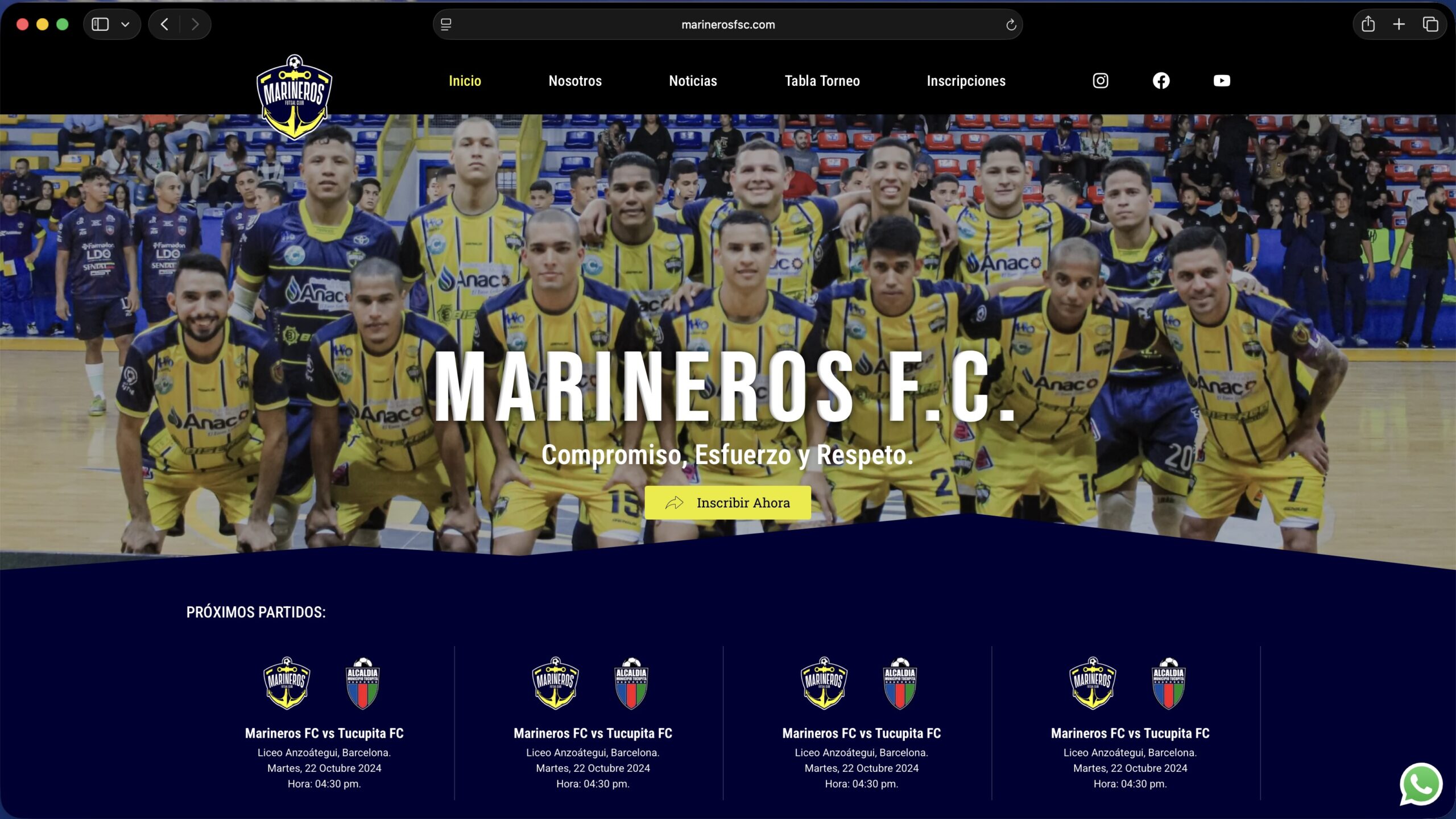 Diseño web deportivo para club de futsal en Venezuela - Marineros FSC