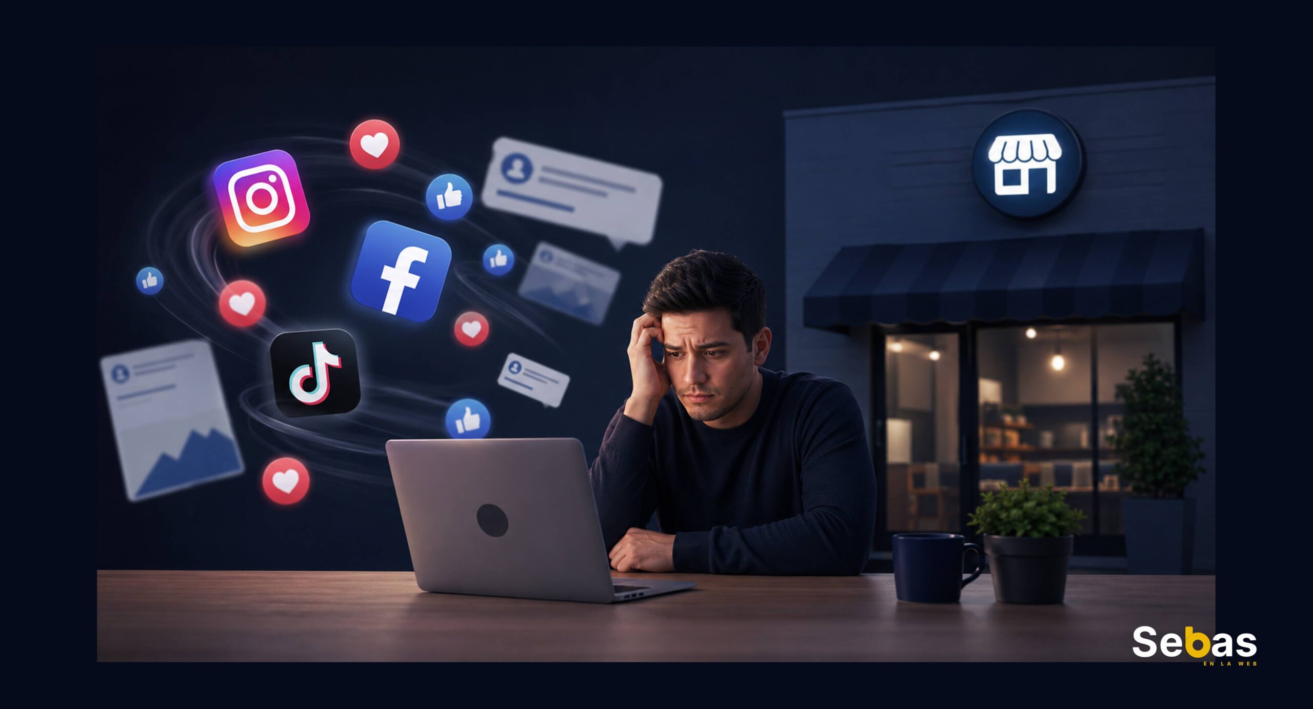 Empresario preocupado usando redes sociales para vender sin tener una página web profesional para su negocio.