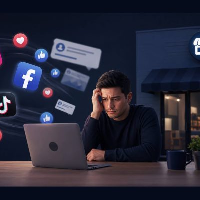 Empresario preocupado usando redes sociales para vender sin tener una página web profesional para su negocio.
