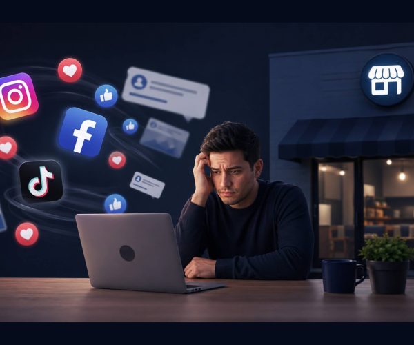 Empresario preocupado usando redes sociales para vender sin tener una página web profesional para su negocio.